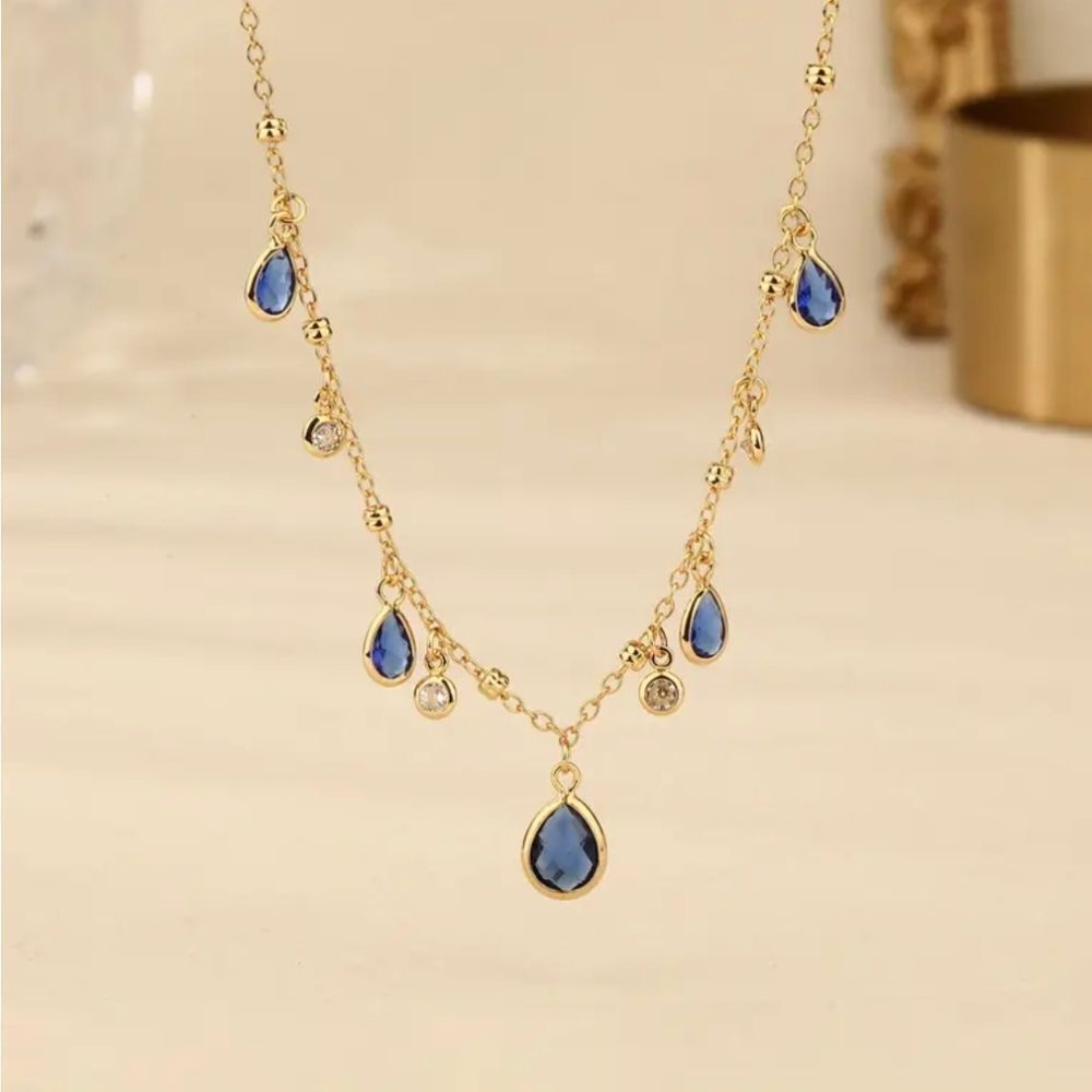Elegant 18K Gold Plated Blue Teardrops Pendant Necklace